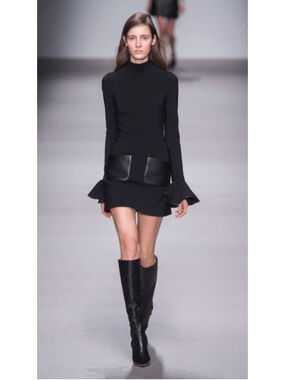 David Koma Black Wool Bell Sleeve Cutout Leather Pockets Prom Mini Dress Size 8